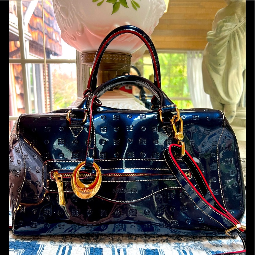 Arcadia Navy Patent Leather Satchel